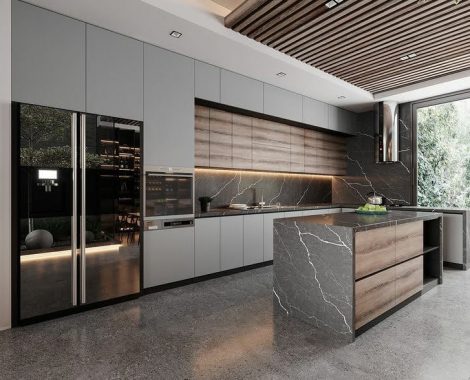 kitchen with gray marble countertop in Mexico with backsplash