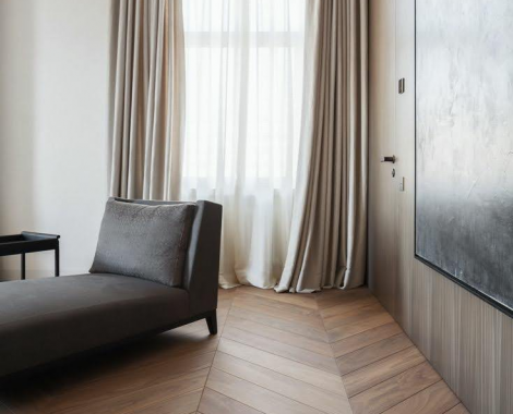 chevron wood and porcelain tile floor